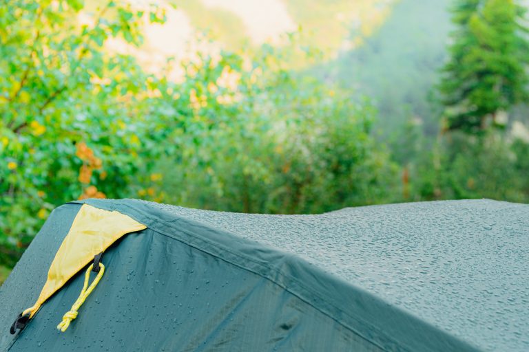 Dew drops on green tourist tent